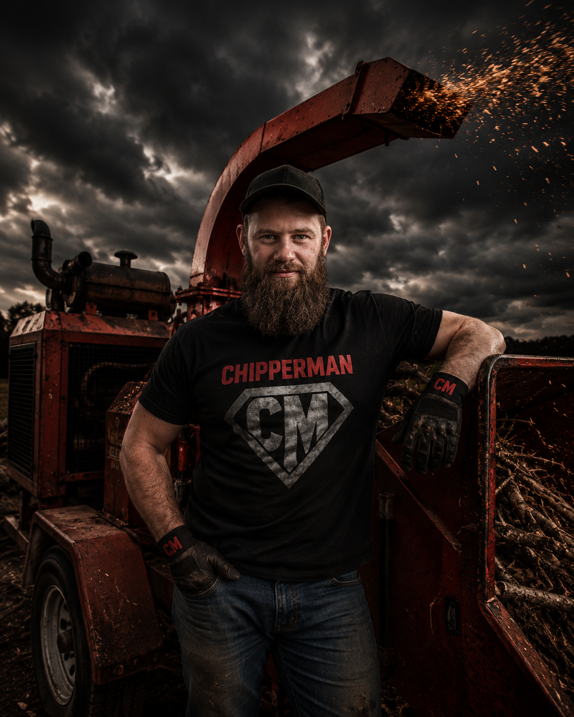 Chipperman with red cape in front of a wood chipper shooting chips